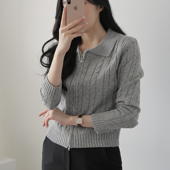 제니트 여성 기본핏 카라넥 투웨이 클래식 케이블 니트 집업 가디건 하밍꽈집업