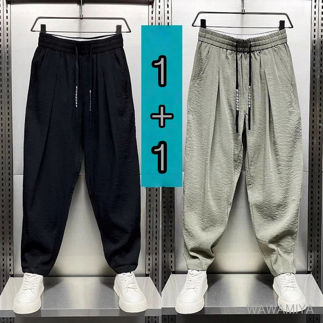 1+1 캐주얼 배기바지 남자 무바지 여름 냉감 긴바지 작업복바지 데일리 남성 바지 밴딩 조거팬츠 WAWAMIYA
