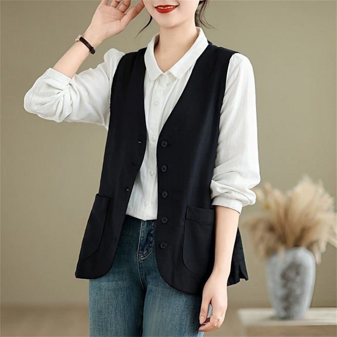 TKX 여성용 봄가을 간절기 베스트 심플 캐주얼 디자인 버튼 장식 주머니 브이넥 면 혼방 K35