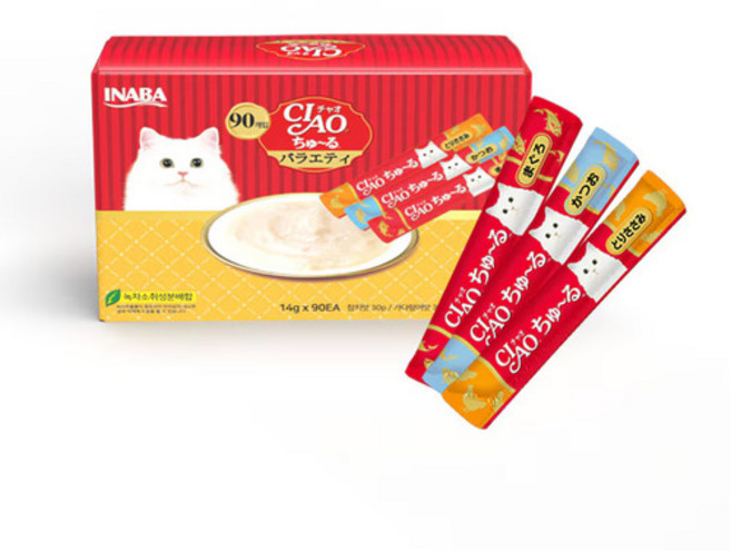 이나바 고양이 간식 챠오 츄르 14gx90입(참치맛 가다랑어맛 닭가슴살맛 각 30입), 혼합맛(참치/가다랑어/닭가슴살), 단품