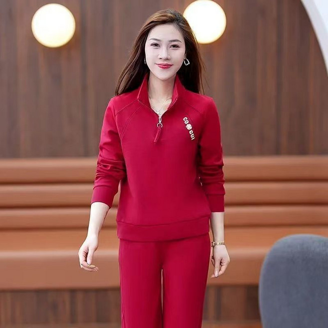 중년 여성 트레이닝복 세트 캐주얼 봄 가을 긴팔 반집업 터틀넥 맨투맨 + 하이웨이스트 일자 팬츠 상하의 투피스 기질 엄마 운동복 WXY
