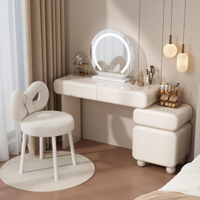 [unclehome4989] led화장대 조명화장대 수납화장대 호텔화장대, 그레이화이트 2단 서랍, 다리만 필요, 80 반원형 거울+페탈 의자