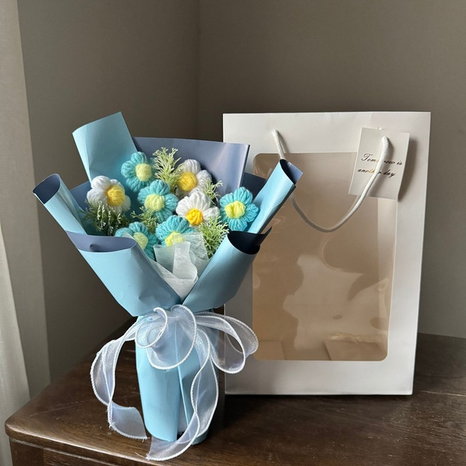 핸드메이드 부케 니트 부케 완제품 졸업축하 선물 하모니 니트 부케 미니 부케 선물 1순위, 1개, 라이트 블루