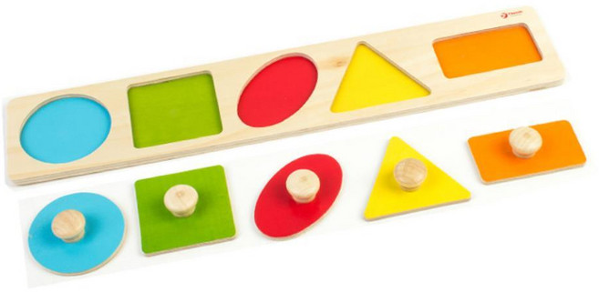 몬테소리 꼭지 퍼즐 5구 기하학 원목 교구 도형 모양 매칭 맞추기 베이비 소근육 발달 원목 장난감, 5피스, 1개