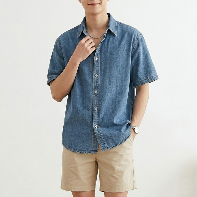 [GTM] 9001 데님 반팔 셔츠 남성 여성 면 청남방 코튼100% 시밀러 커플룩 레이어드