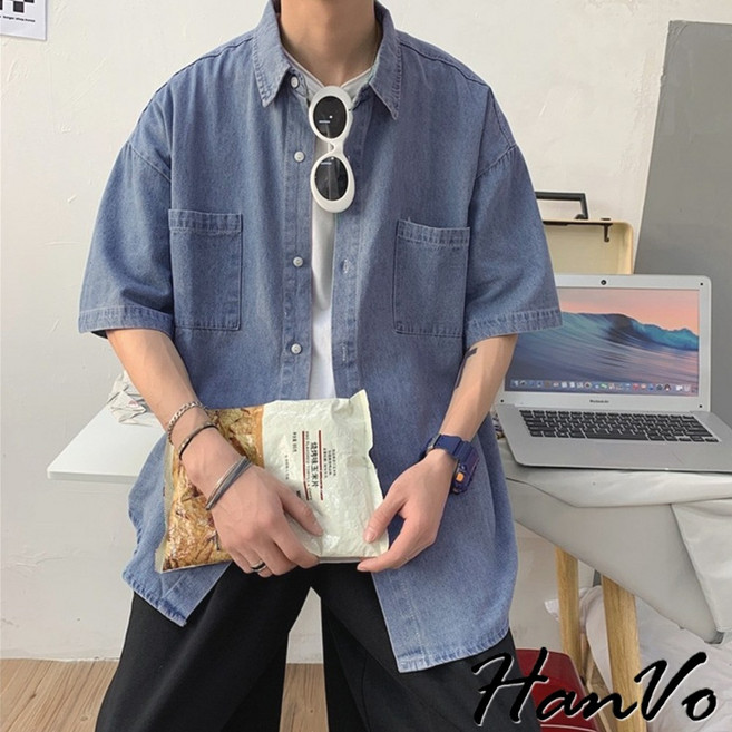 HanVo 男款寬鬆牛仔短袖襯衫 - 舒適透氣復古工裝韓版潮流 (B01-1016)