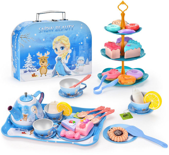 SUUNI [고품질 철 소재]매직 티파티 역할놀이 세트 어린이 소꿉놀이 티세트 역할놀이 장난감 손잡이 가방 선물세트, 1개, 얼음 공주