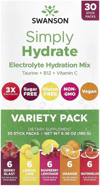 효과가 좋은 Swanson Simply Hydrate 전해질 하이드레이션 믹스 버라이어티 팩 스틱 팩 30개 180g(6.36oz) 최저가격, SwansonSimplyHydrate전해질하이드레이션믹, 180g - 쿠팡