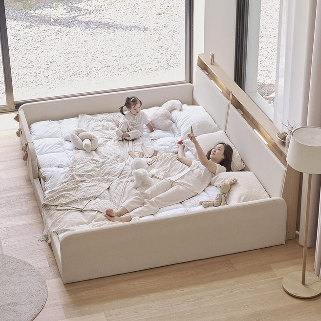 아씨방가구 슬림업 LED 수납 패밀리 침대 네스트형 SS+Q (독립매트), 파스텔화이트