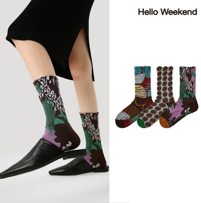 Hello Weekend 여성 양말 배색 봄여름 양말 중목 양말 장목 양말 중목 양말 스트라이프 편안한 무압박 운동 통기성 패션 면 양말 3족 세트