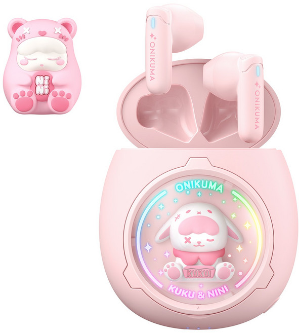 ONIKUMA 노이즈캔슬링 무선 블루투스 이어폰 오픈형 Hi-Fi 고음질 최신형 캐릭터 피규어 교체, 핑크, T302
