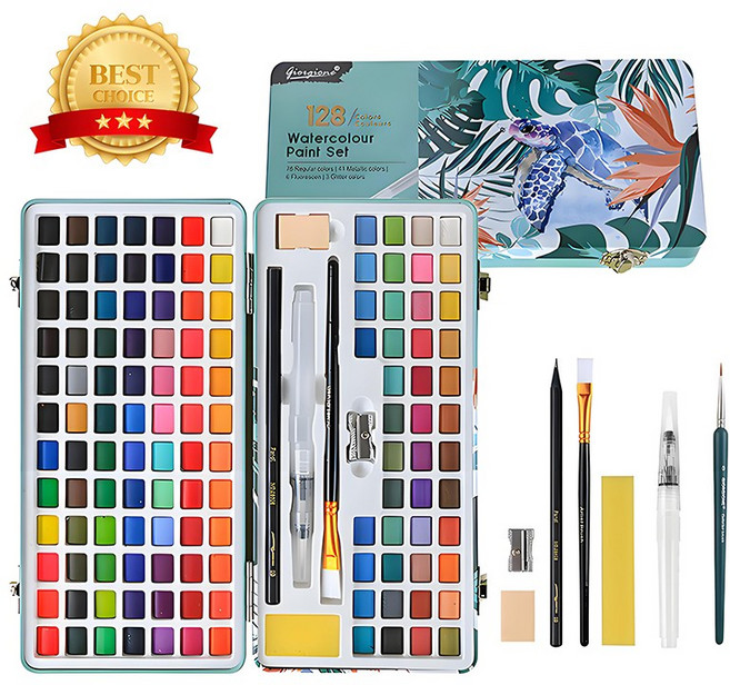 시스슈 고체 수채화물감 올인원 세트 워터펜 디테일브러쉬 붓 지우개 샤프너 팔레트 수채화종이8매 스펀지 포함, 128색, 1세트