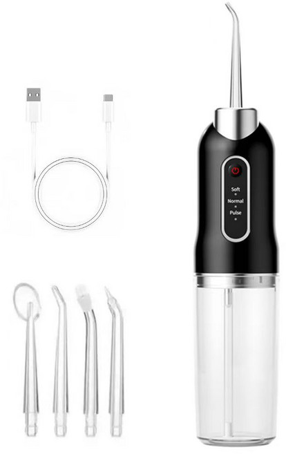 AOSS 방수 휴대용 무선 구강세정기+전용팁4종 세트, 블랙