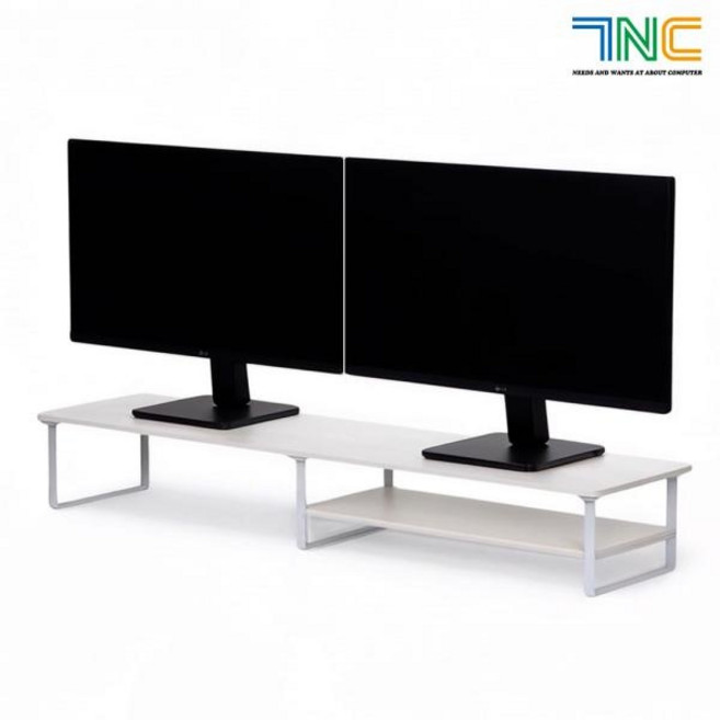 수납 선반 2단 듀얼 모니터 받침대 화이트 27형 2대 거치 높이 15cm, 1개