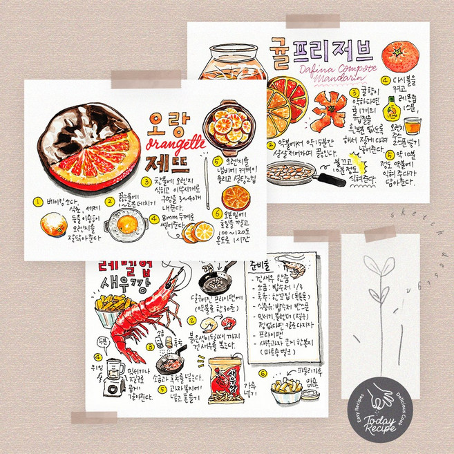 일러스트 디저트 레시피 엽서 세트 감성 엽서 23종, 01. 딸기 콤포트