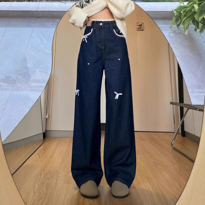 SAHINER 여성용 봄가을 레이스 리본 포인트 하이웨이스트 와이드 데님 팬츠 LWBNZ61