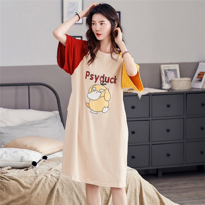 YAPOGI 여성 원피스 잠옷 여름 코튼 반팔 귀여운 대형 Nightdress 여성 긴 무릎 만화 임산부 홈 YAPOGI