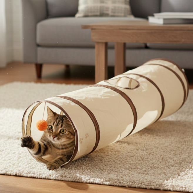 데이유어 고양이 스트레스해소 터널 장난감 일자형, 1개, 베이지