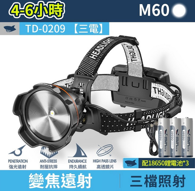 破曉極光炮 頭燈 強光 LED 感應 遠射 變焦, 1個, 【3電】微笑鯊 TD-0209
