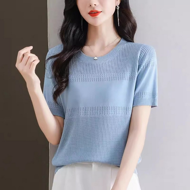 지고다그 여성 여름 아이스 실크 라운드넥 반팔 니트 펀칭 짜임 시원한 반팔티 LJMA0207