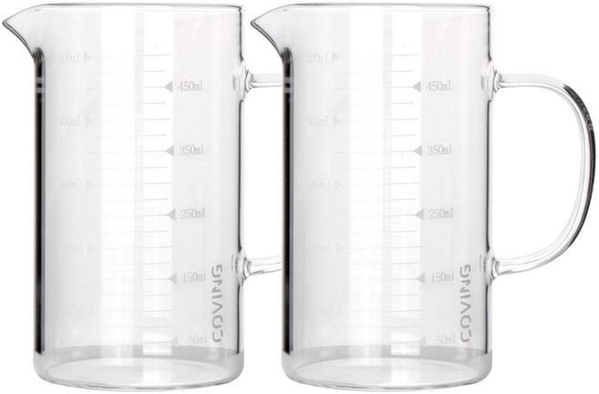 [강도테스트 완료] 강화유리 계량컵 2개입 세트 직화용 비커 컵 내열 계량 유리컵, 2개, 500ml, 단일