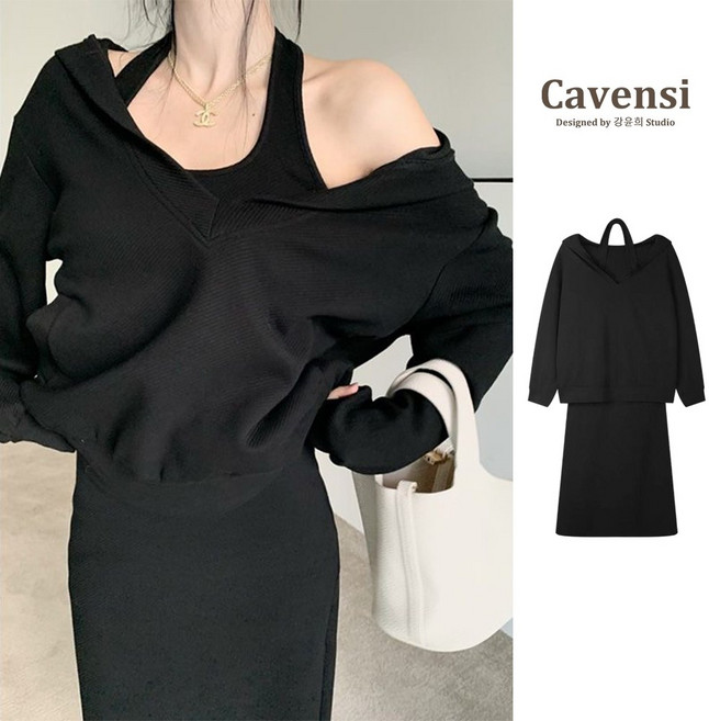 【Cavensi】 秋冬大尺碼套裝(3色)簡約休閒帽T洋裝兩件套女 A183