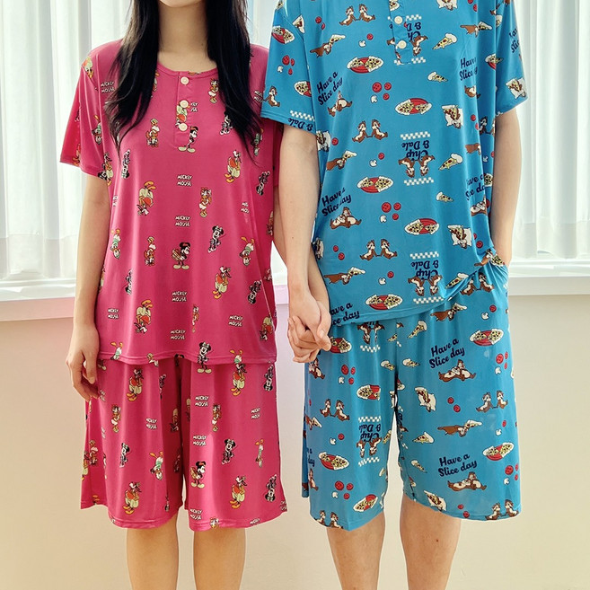 ECLL 커플 반팔 잠옷 부들 홈웨어 상하 세트