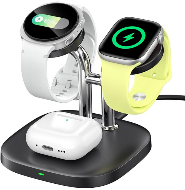 SwanScout 704D 애플워치 갤럭시워치 2대 동시충전 3in1 무선충전기 워치 듀얼+이어폰 충전 호환, 1개, 블랙