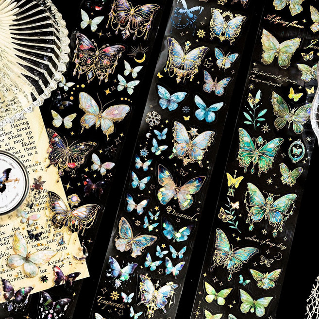 올리브파티 샤이닝 버터플라이 시리즈 감성 나비 꽃 다꾸 디자인 마테 롤 스티커, 2개, 핑크+레드