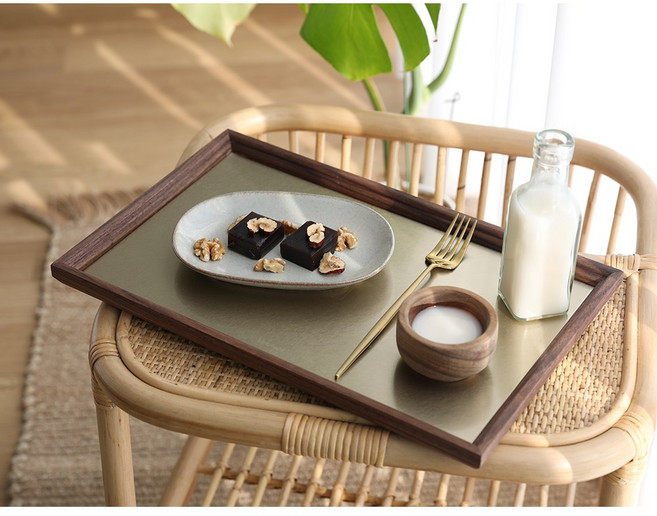 베르녹스 월넛원목 사각 트레이 스텐쟁반 스테인레스 쟁반, 골드, 1개