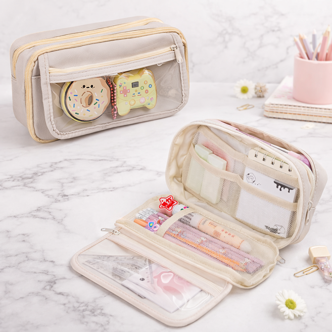 하이어웨일 대용량 확장형 필통, 1개, 아이보리