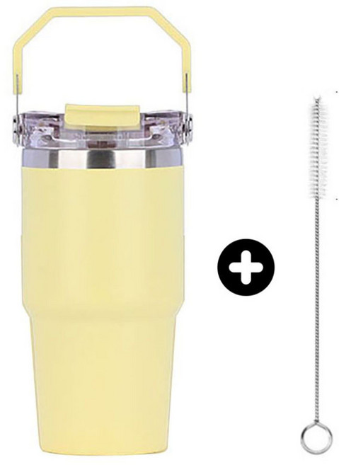 대용량 버킷 텀블러 대형 스텐 보온 보냉 빨대 손잡이 빨대세척솔포함, 옐로, 1개, 600ml