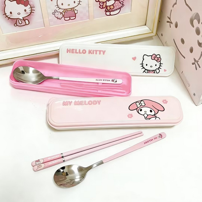밀크카 산리오 헬로키티 마이멜로디1+1 젖가락+ 숟가락 세트 케이스 휴대용 미끄럼 방지 도시락숟가락젓가락세트, 1세트, 헬로키티+마이멜로디