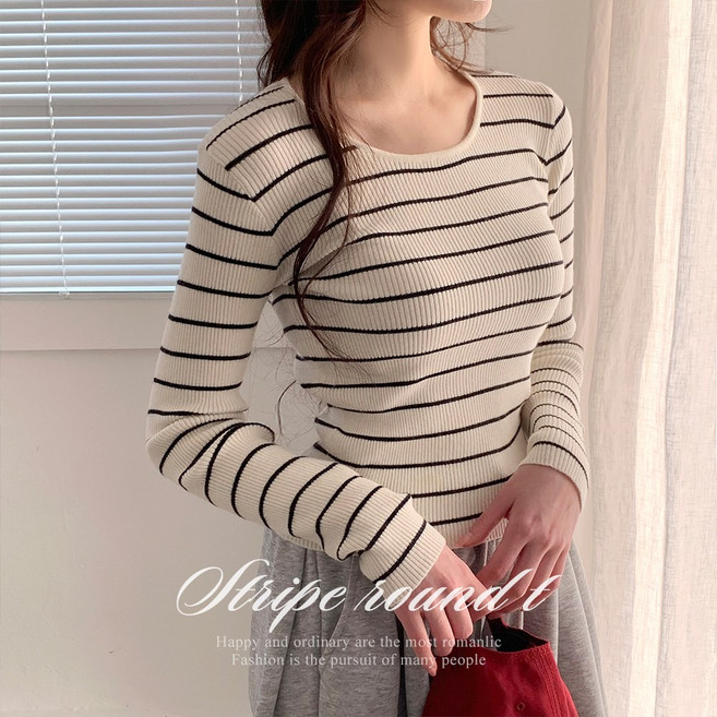 [순이] S.여성 골지 단가라 슬림핏 라운드 긴팔티