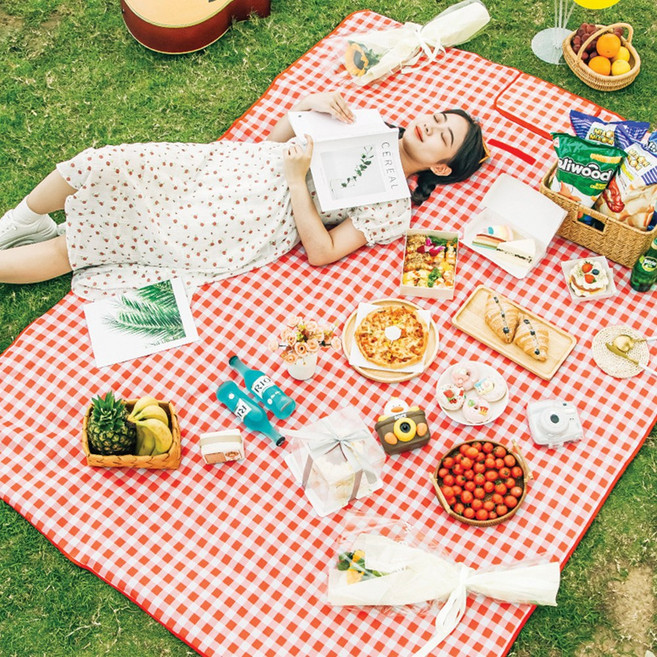 모두일상 접이식 방수 피크닉매트 대형 체크 휴대용 캠핑 돗자리, 레드체크