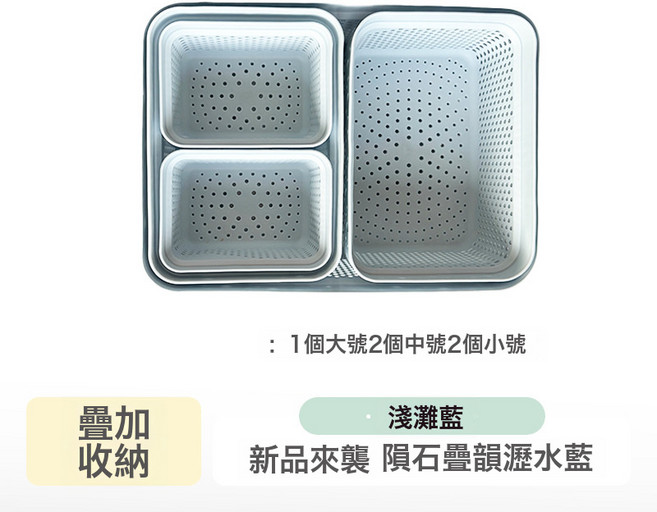 家用廚房瀝水籃套裝雙層洗菜盆瀝乾籃筐加厚小框洗碗池瀝水批發, 1個, 1個大+2中+2小(淺灘藍):如圖