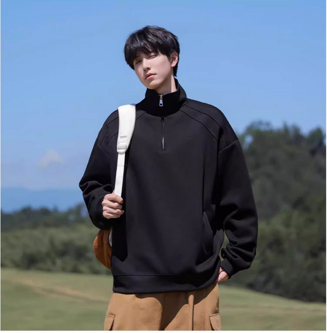 ANYOU 봄 남성 반지퍼 스탠드칼라 포켓 스웨트셔츠 편안한 면 소재 맨즈 긴팔 티