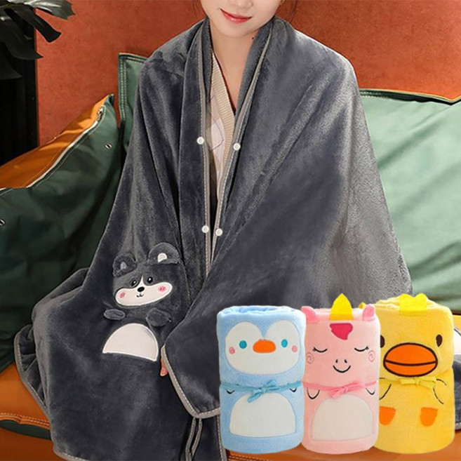 똑딱이 캐릭터 극세사 무릎담요 밍크 보온 단추 입는 망토 차박 캠핑 여행 휴대용 담요
