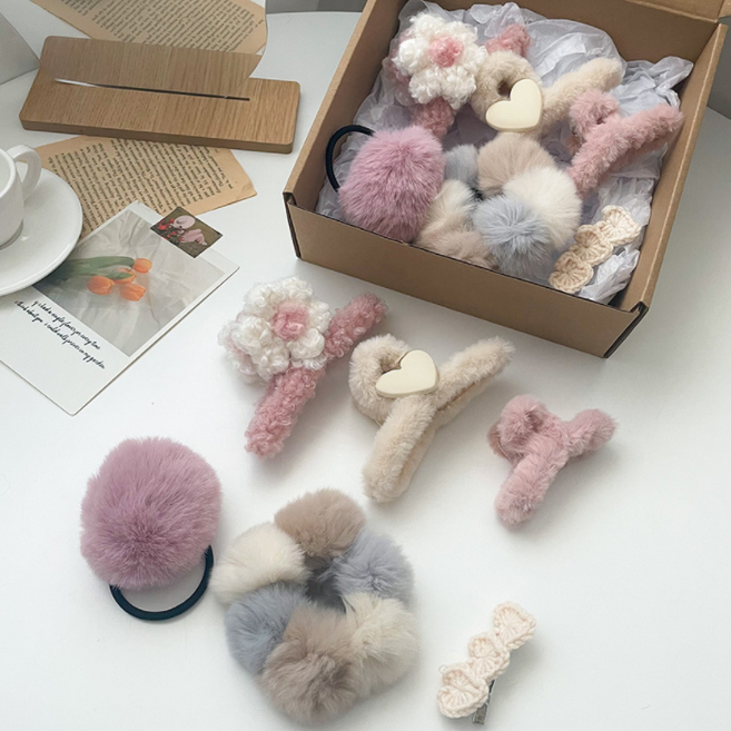 꽃다 겨울 따뜻 니트 털 헤어집게 머리끈 삔 세트