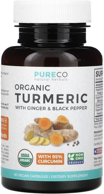 Pure Co. 천연 허브 유기농 강황 생강 및 흑후추 함유 베지 캡슐 60정, PureCo천연허브유기농강황생강및흑후추함유베지캡슐60정, 1개 - 쿠팡