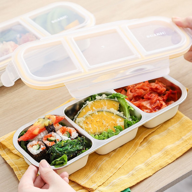 SGAKIC 스텐 과일 도시락통 후르츠팟 다이어트 전자레인지 런치박스, 1개, 아이보리 3칸