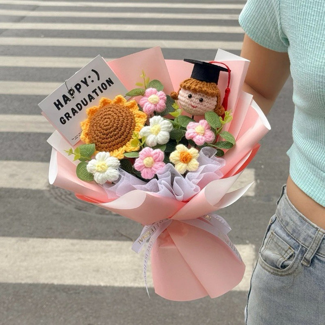 畢業花束 粉色奶茶色 送燈 送卡片 送花袋, 向日葵女娃, 1個