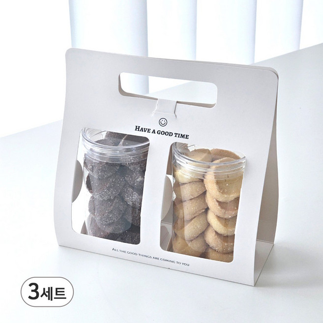 원형용기 & 캐리어 2구 세트 쿠키통 소분통 구디백, 화이트, 3세트