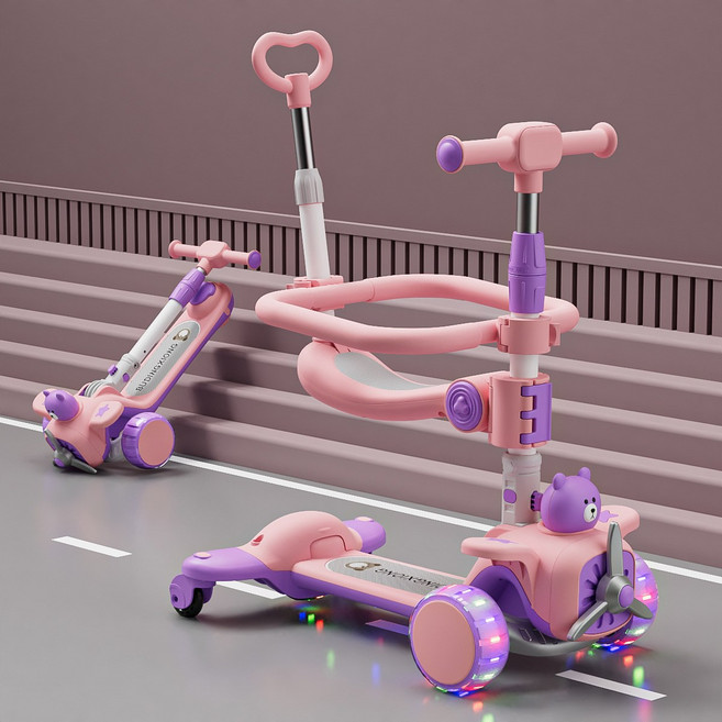 DIU 兒童滑板車加寬加厚可坐可滑三合一1-3-6歲男女孩寶寶推杆玩, 1個, 紫粉頂配【萬向輪+圍欄+推把+座椅+燈光音樂+一鍵摺疊】