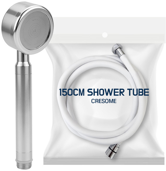 크리썸 수압 고압 절수 알루미늄 샤워기 헤드 + 360 화이트 PVC 샤워호스 1.5m 세트, 1개, 헤드 실버 + 호스 화이트