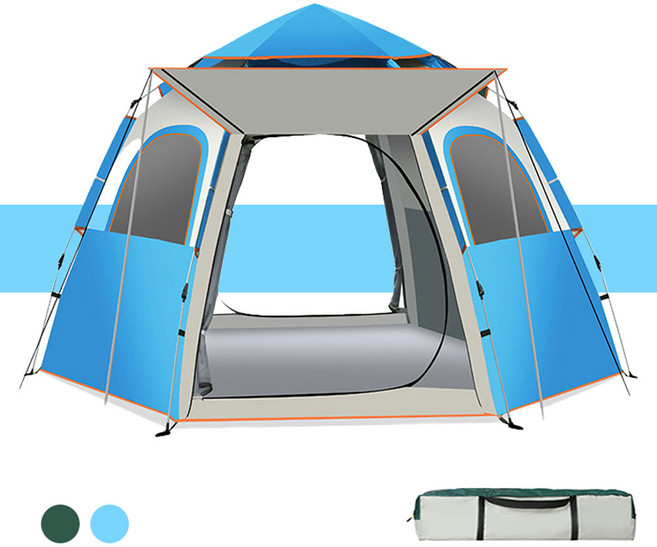 WEIOK 원터치 팝업 캠핑 텐트 그늘막 다인 대공간 육각 빅텐트+1 방습 패드, 스몰 스카이블루