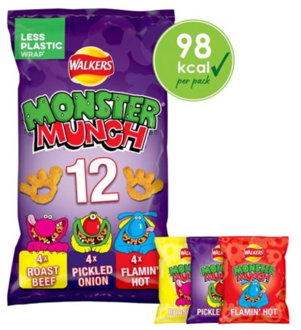 12개입 워커스 몬스터 먼치 뭉크 멀티팩 3가지맛 Walkers Monster Munch Multipack, 1개, 20g - 쿠팡