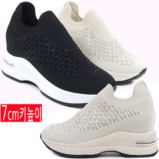 [슈엔몰] DC8328 / 봄&여름 7cm통굽 매쉬스판 큐빅 보석 발편한 여성 키높이운동화 슬립온 스니커즈 신발