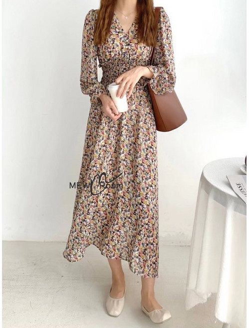 塗鴉感V領碎花洋裝 - 長洋裝, 紫（推薦）