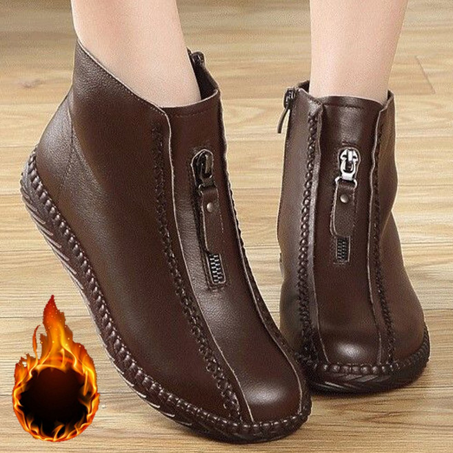 TKX 엄마신발 여성용 편안한 가죽 앵클 부츠 심플 디자인 집업 신발 통굽 기모안감 K87